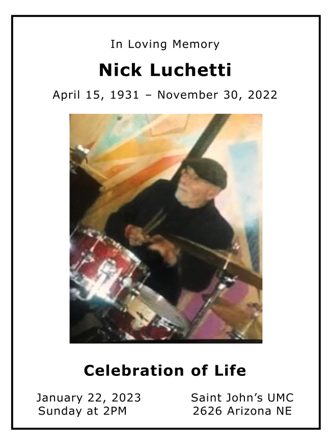 A flyer for Nick Luchetti's Celebration of Life.