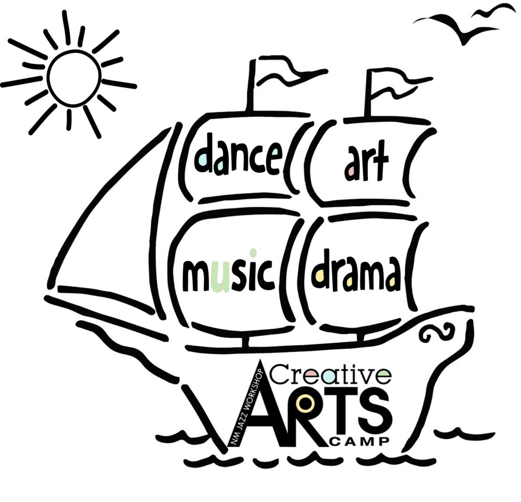 A logo shaped like a ship with four sails. Each one features a different part of Creative Arts Camp: dance, music, art, and drama.